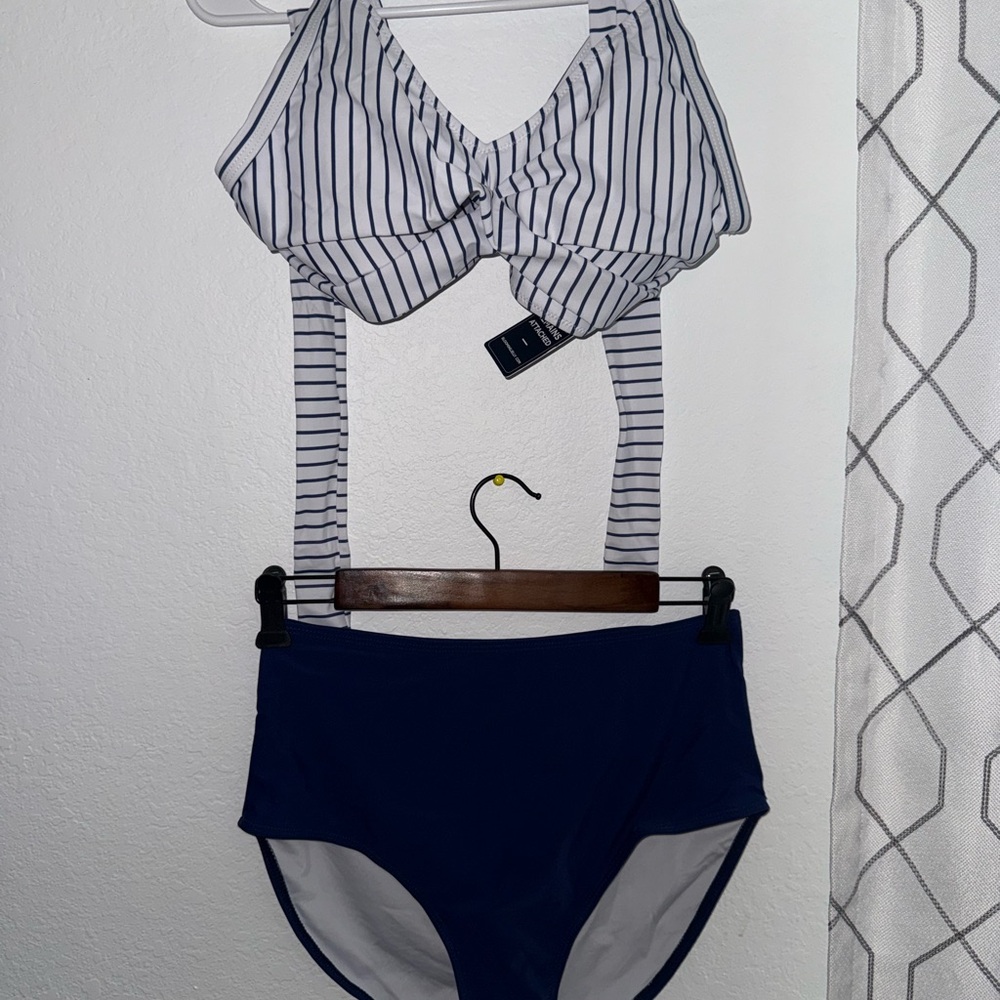 Striped Bikini Top and Blue Bottoms